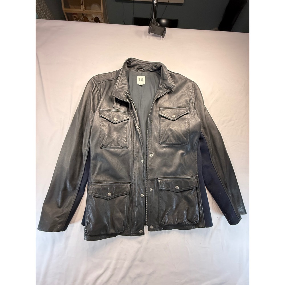 Gap Women XXL Black Genuine Lamb Leather Field Jacket Utility Coat Ribbed Trim